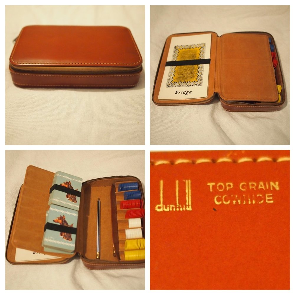 vtg DUNHILL Cowhide Leather Case Poker Chips Bridge LIAL Doberman Playing Cards